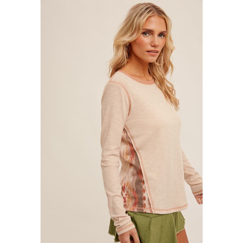 Contrast Print Textured Rib Long Sleeve Top - Picture 2 of 3